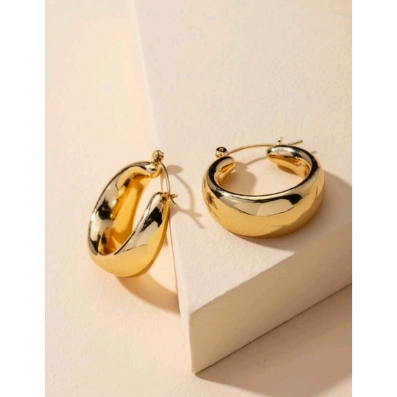 Anthropologie Chloe Minimalist Trendy Thick Gold Hoop Earrings - Picture 3 of 4